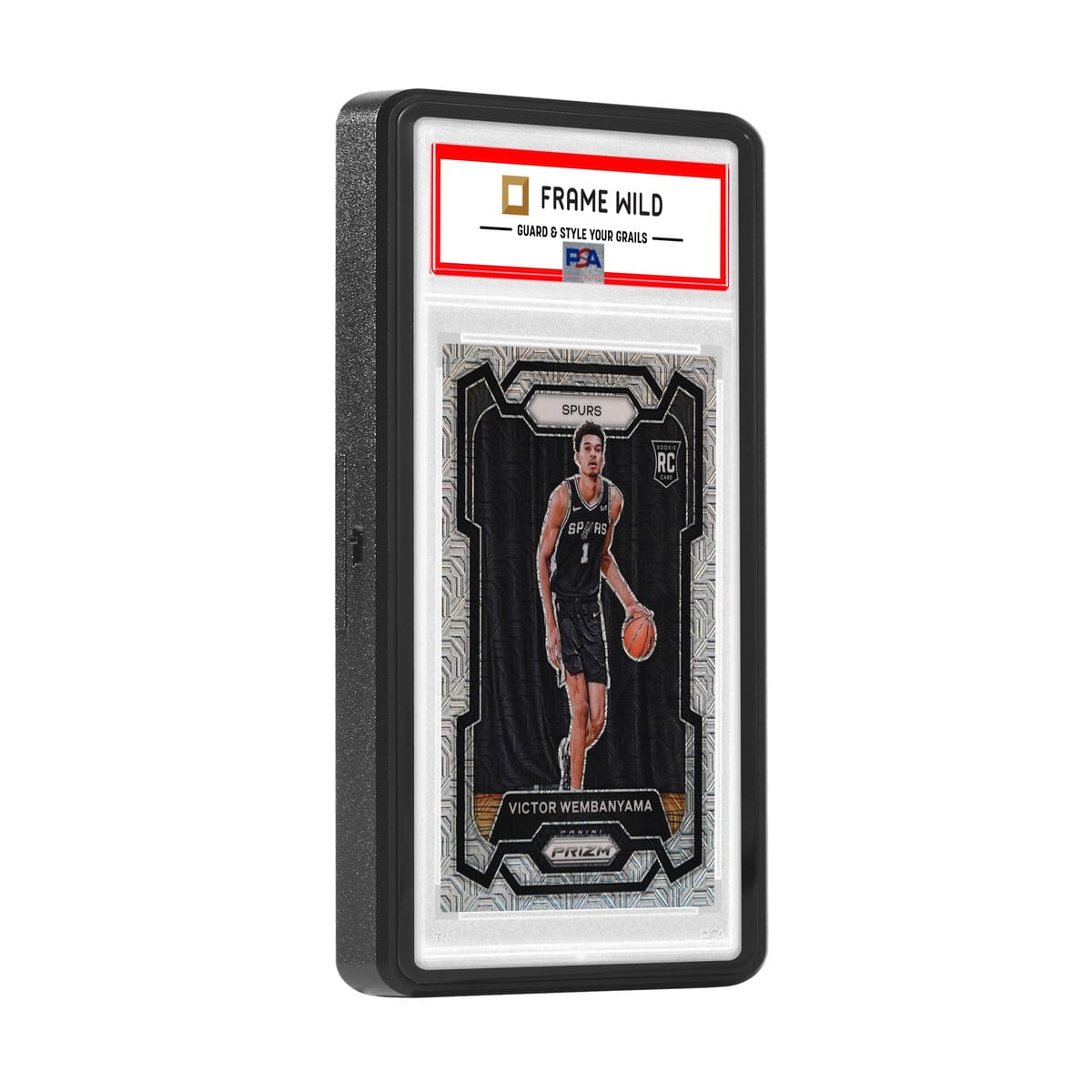 Thick PSA Frame Wild Easy Lock Case - Eggshell Black, angled view with graded card