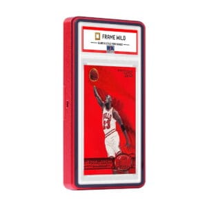 PSA-Thick-easy-lock-red-angled-card Thick PSA Frame Wild Easy Lock Case - Eggshell Red, angled view with graded card