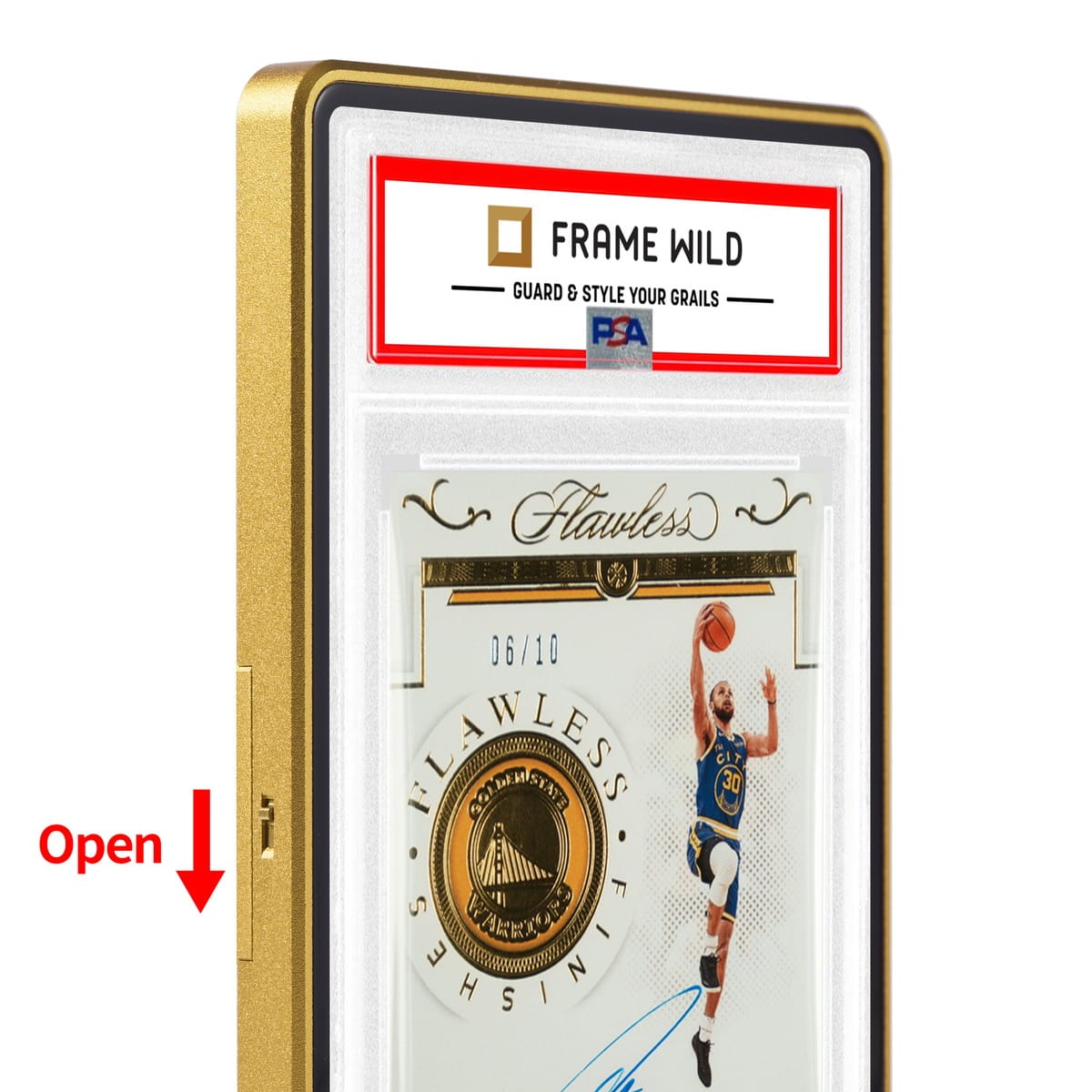 Thick PSA Frame Wild Easy Lock Case - Eggshell Ten Gold, open and closed lock detail